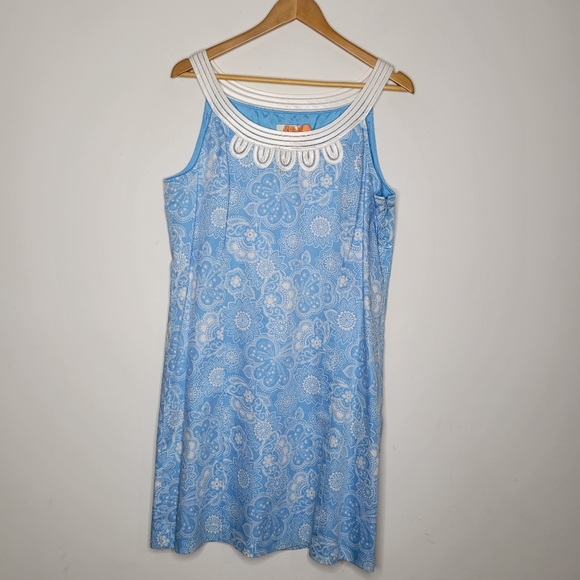 LOFT Blue & White Floral Lace Trim Sleeveless Shift Dress Size 12 - Picture 1 of 12